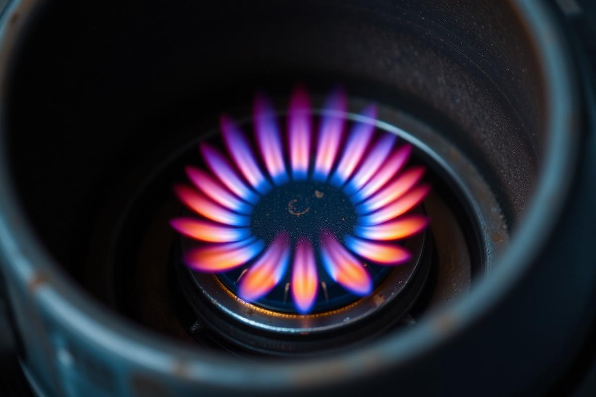 Flamme d'un brûleur au gaz dans une chambre de combustion