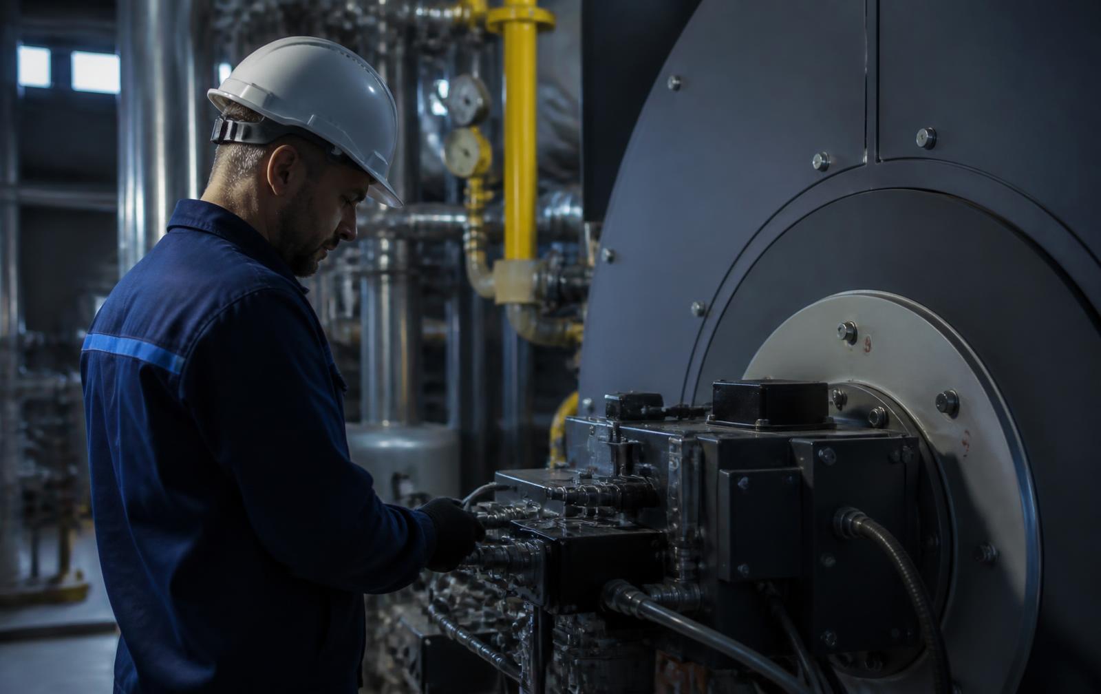 Technicien LTM Énergie inspectant le brûleur d'une chaudière industrielle